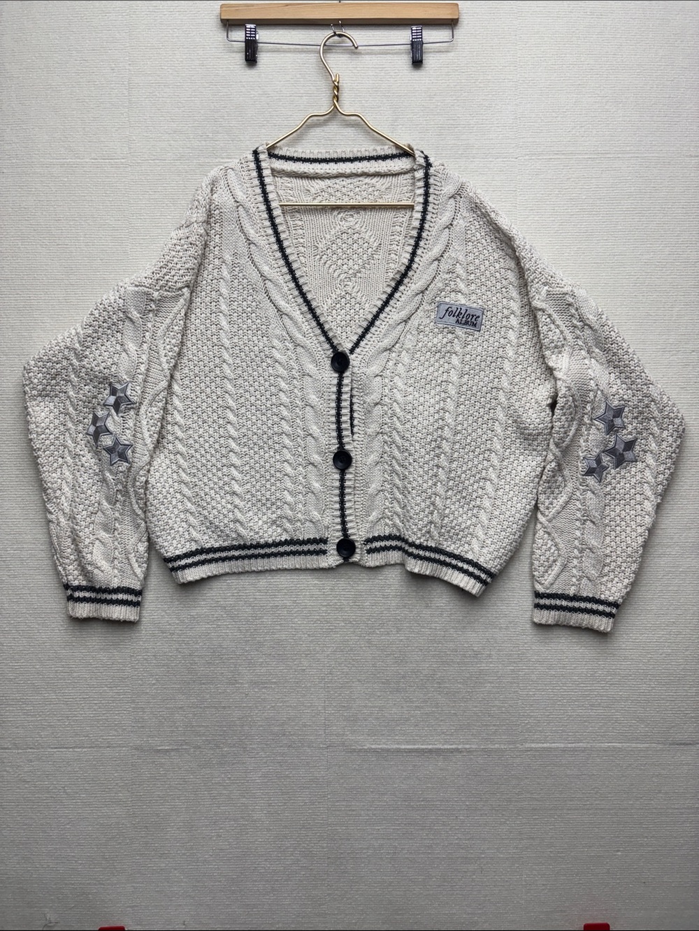 Taylor Swift Folklore Cream Cable Knit Cardigan with Navy Trim and Star m/l
